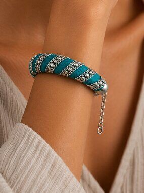 Boho Turquoise Rope Bracelet Silver Chain Accents Adjustable